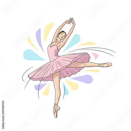 Elegant ballerina in a pink tutu dancing gracefully, artistic illustration of a ballet dancer with colorful abstract shapes in the background
