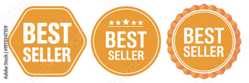 Yellow Best Seller Stickers Set, vector badges and labels, vintage bestseller icons, online retail, product promotion, e-commerce marketing graphics