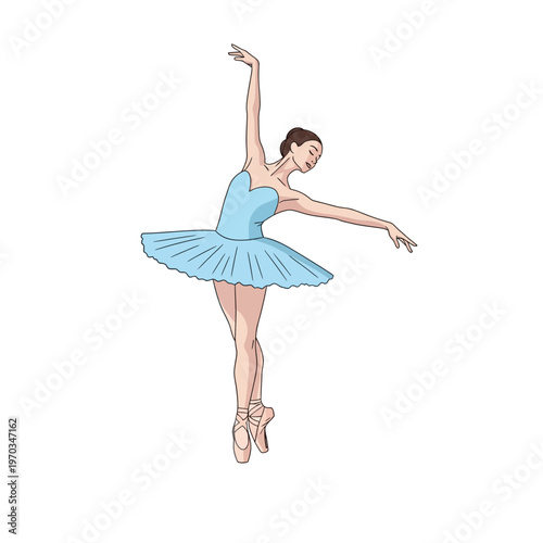 Elegant ballerina in a blue tutu performing a graceful dance pose