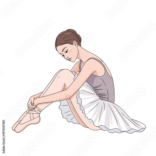 Illustration of a graceful ballerina sitting on the floor in a white tutu and pointe shoes