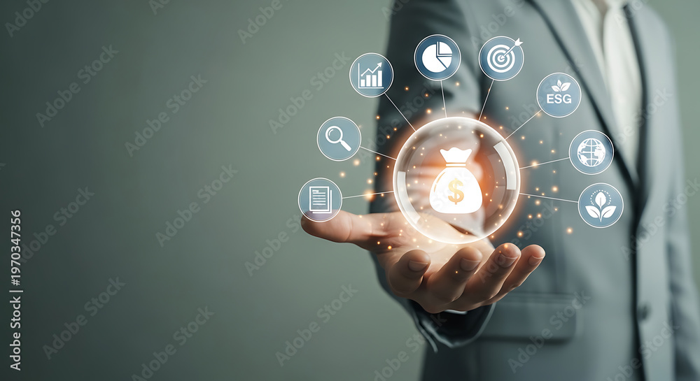 Fototapeta premium Businessman holding glowing money bag icon with ESG and financial goals