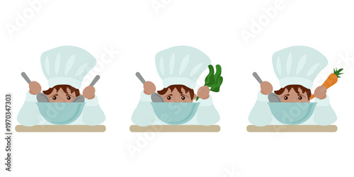 Vector flat icon set of a young child chef, appearing from behind a table, three variations of the kid cook in a chef's hat