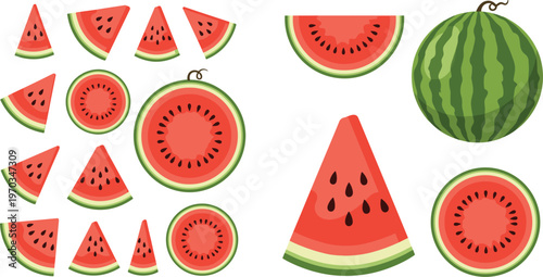 Watermelon slices and whole fruit vector set in flat style. Bright juicy red flesh with seeds and green rind. Perfect for summer food design, menus, and fresh visuals.