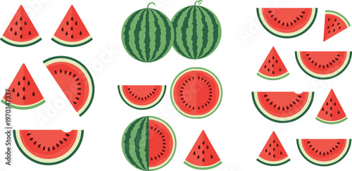 Watermelon vector set with slices and whole fruits. Bright flat illustrations with juicy red flesh and green rind. Ideal for summer food design, menus, and fresh product graphics.