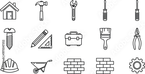 Construction Tools and Equipment Icons Set with Hammer, Wrench, Screwdriver, Paintbrush, Toolbox, Pliers, and Safety Gear for DIY, Home Improvement, and Building Projects
