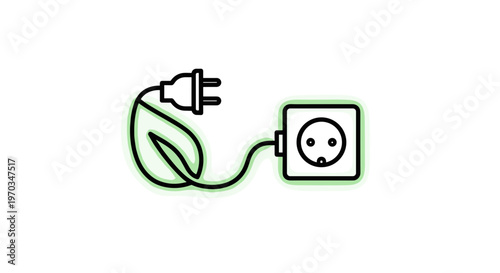 A clean line art icon of an electric plug with a cord forming a green leaf shape entering a socket, symbolizing eco-friendly energy for environmental blogs or sustainable tech branding.