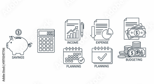 Financial planning and budgeting icons savings income expense planning