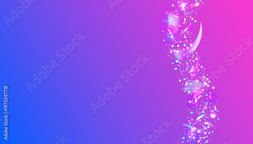 Glitch Confetti. Blue Neon Glitter And Purple Disco Tinsel. Abstract Birthday Background. Sparkling Celebration With Foil Texture And Glare. Pink Glitch Confetti