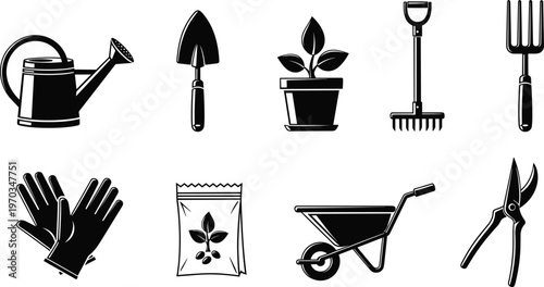 Gardening Tools and Supplies Icons Set with Watering Can, Trowel, Gloves, Pruners, Wheelbarrow, Plant Pot, and Fertilizer for Lawn Care, Horticulture, and Planting Projects