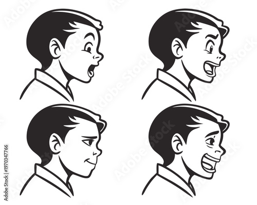 A black and white vector graphic illustration of a boy's head in four different emotive expressions