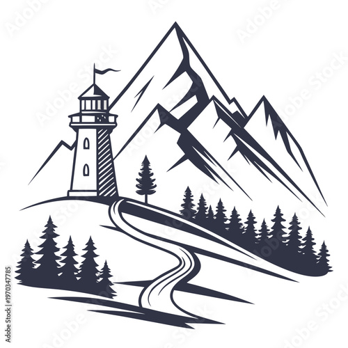 A minimalist vector illustration of a lighthouse situated on a hill with a winding road, surrounded by trees and majestic mountains in the background.