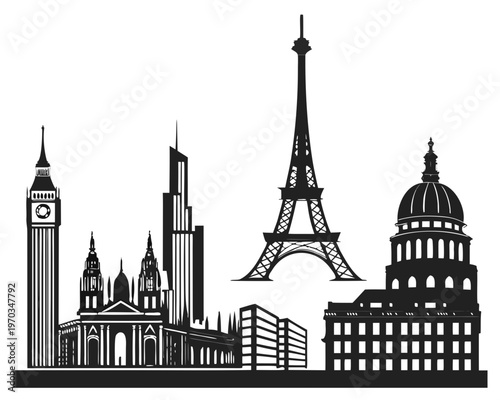 A black and white vector graphic illustration of famous city skylines from around the world