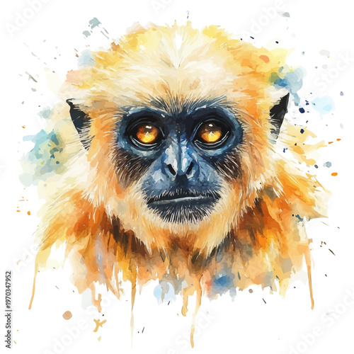 Gibbon, semi-realistic fantasy artwork, realistic details with magical touch, watercolor painting, white background