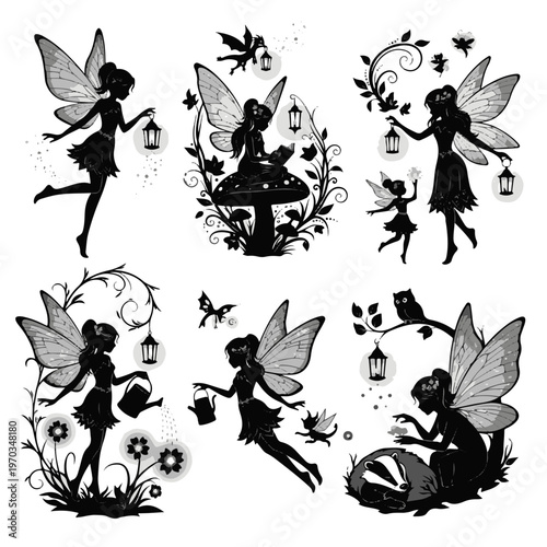 Fairy Silhouettes in a Magical Forest Setting Featuring Whimsical Creatures and Various Enchanting Activities