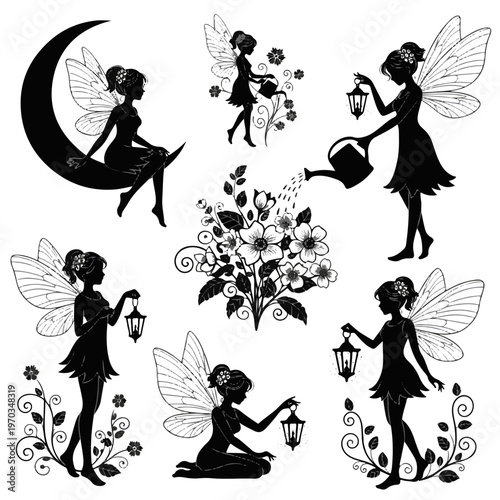 Fairy Silhouette Collection with Magical Girls Sitting on Moon Watering Flowers and Holding Lanterns