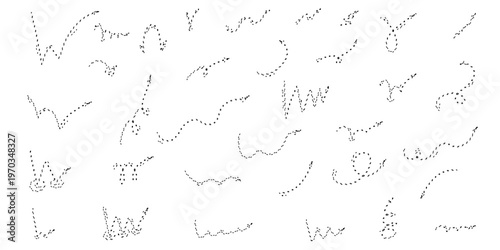Manga and comic  arrow design elements.Bounce dotted effect arrows doodle set.   Jump dot trajectory, ball motion expression. Vector illustration, line art