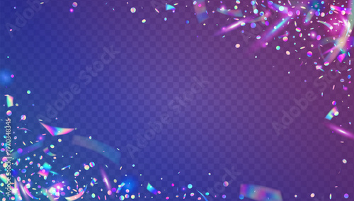Carnaval Confetti. Pink Holographic Glitter And Purple Carnival Tinsel. Abstract Birthday Background. 3D Hologram With Isolated Circles And Flying Sparkle. Blue Carnaval Confetti