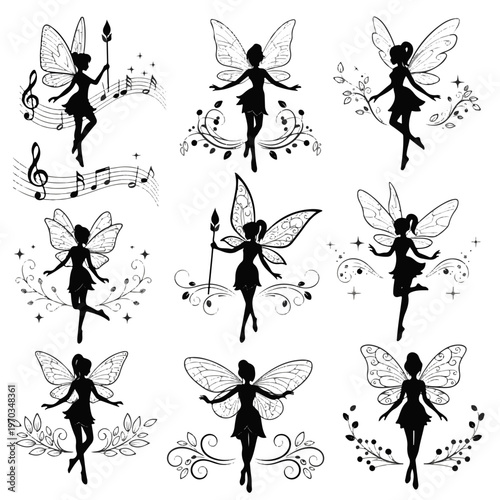 Fairy Silhouette Seamless Pattern with Magical Wings Musical Notes and Decorative Swirls