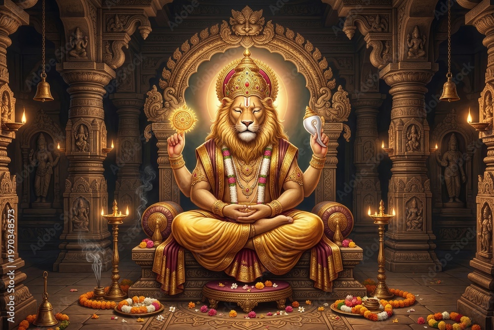 Fototapeta premium Lord Narasimha Meditating in Ancient Temple with Divine Aura