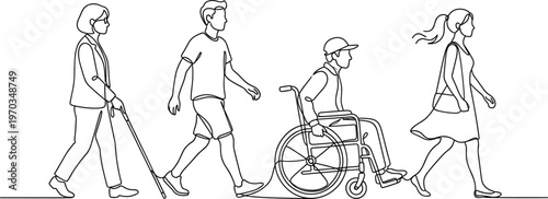 Continuous line drawing of diverse people with disabilities including wheelchair users and person with visual impairment using white cane