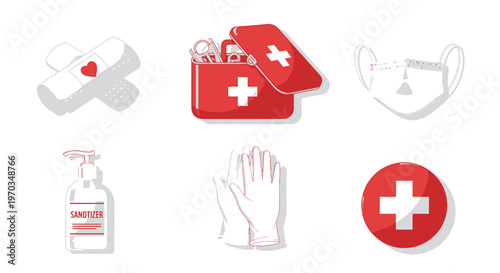 Medical supplies and first aid icons in a flat vector style on white