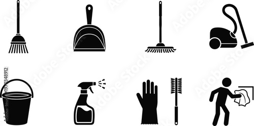 Household Cleaning Tools and Supplies Icons Set with Broom, Dustpan, Mop, Vacuum Cleaner, Gloves, Bucket, Spray Bottle, and Cleaning Brush for Home and Office Use