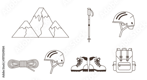 Mountain climbing equipment set illustration against white background