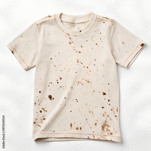 Mud Stains on Kids T-Shirt Isolated on White Background Dirty Clothing Concept