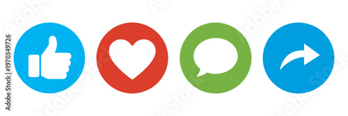 Repost, heart, like social icon set, vector social media symbols, user engagement buttons, digital interaction and sharing graphics