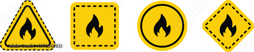 Four yellow road signs warning of flammable materials or explosives