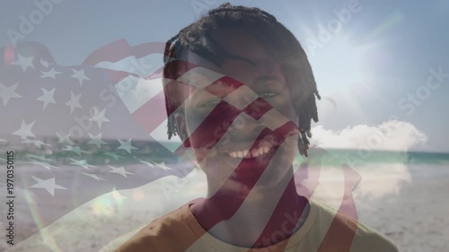 Animation of waving flag of usa over group of friends spot of friends on the beach