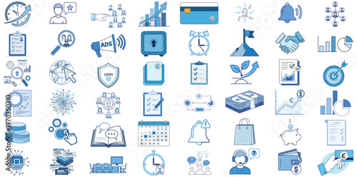 A collection of various business and finance icons in blue tones on a white background