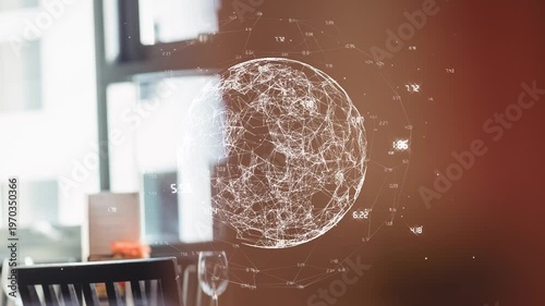 Animation of data processing and globe over restaurant
