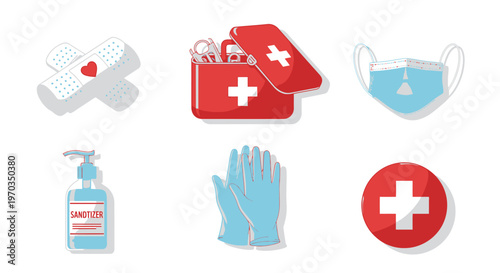 Medical supplies and first aid icons in a flat vector style on white