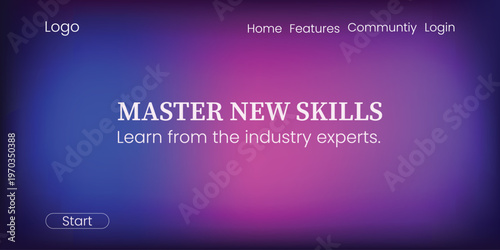 A vibrant purple and blue gradient background with a call-to-action button and text about learning new skills