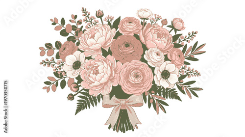 Beautiful bouquet of pink and white flowers with green leaves and ribbon on white background for wedding or gift