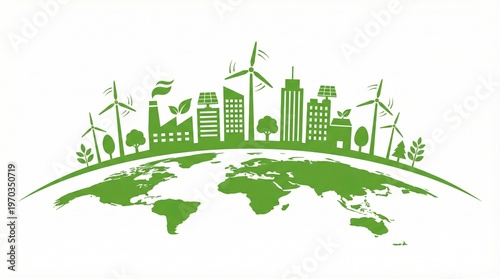 World environment day eco city skyline on earth globe with renewable energy wind solar buildings and green technology illustrating sustainable development and environmental awareness theme