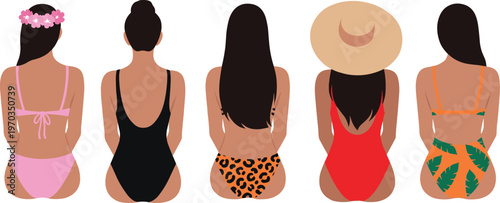 Women back view in swimsuits illustration, bikini and one piece summer beachwear collection, female body silhouettes with different styles, fashion vector set