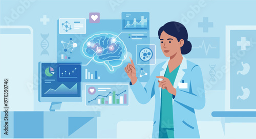 Young female doctor using a digital tablet and pressing virtual medical interface buttons in a modern healthcare setting