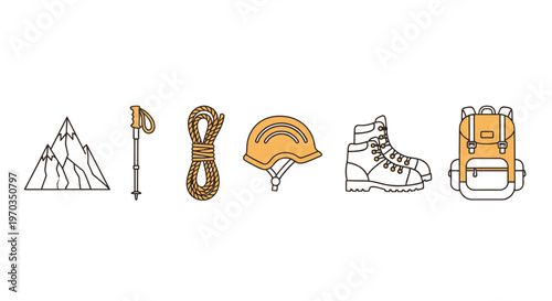Mountain climbing gear vector illustration of essential equipment on white