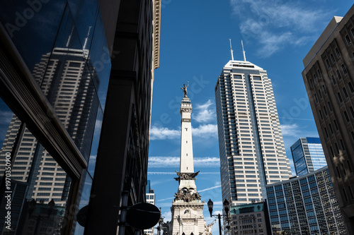 Monument Circle in downtown Indianapolis, Indiana on a blue sky summer day.