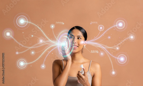 Woman applying facial serum with digital skin analysis