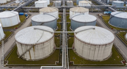 Aerial View of Large Industrial Oil Storage Tanks at a Refinery Facility.