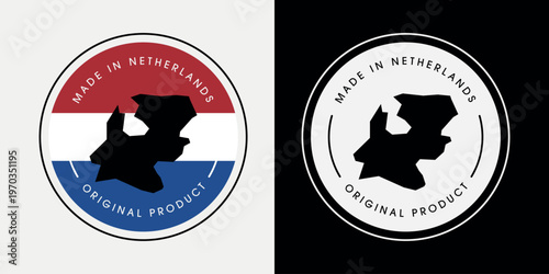 Made in Netherlands with a map label design for product packaging and an authentic product label.