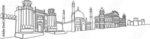 Continuous line drawing of iconic historical landmarks including ancient fort gates domes and traditional architectural skyline silhouette vector