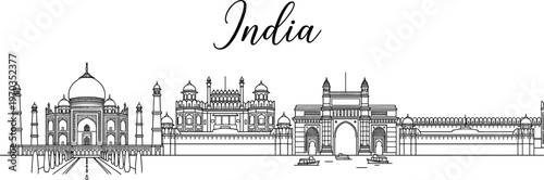 Continuous line drawing of India skyline featuring Taj Mahal Gateway of India and historical monuments silhouette vector