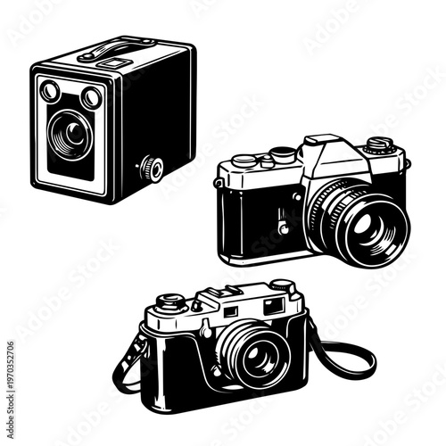 Vintage Pen and Ink Style illustration of Retro Cameras in vector format