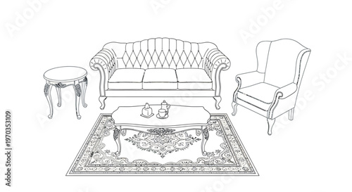 Classic living room furniture sketch with sofa armchair rug and side table