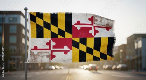 Maryland State Flag Waving Proudly on a Sunny Day with City Buildings in Background.