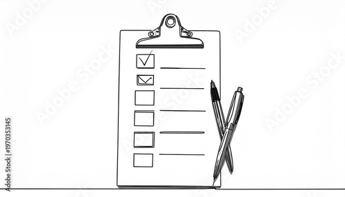 Black and White Line Art Illustration of a Clipboard Checklist with Pens